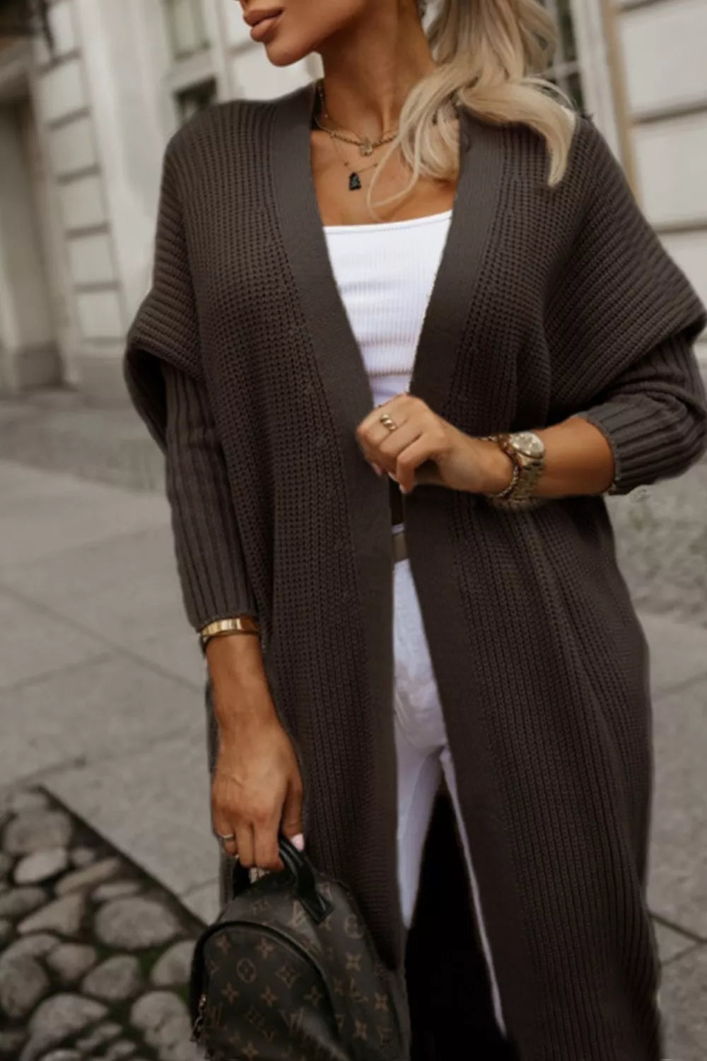 Waffle Knit Open Front Cardigan in dark brown, cozy casual layer styled with a white top and handbag.