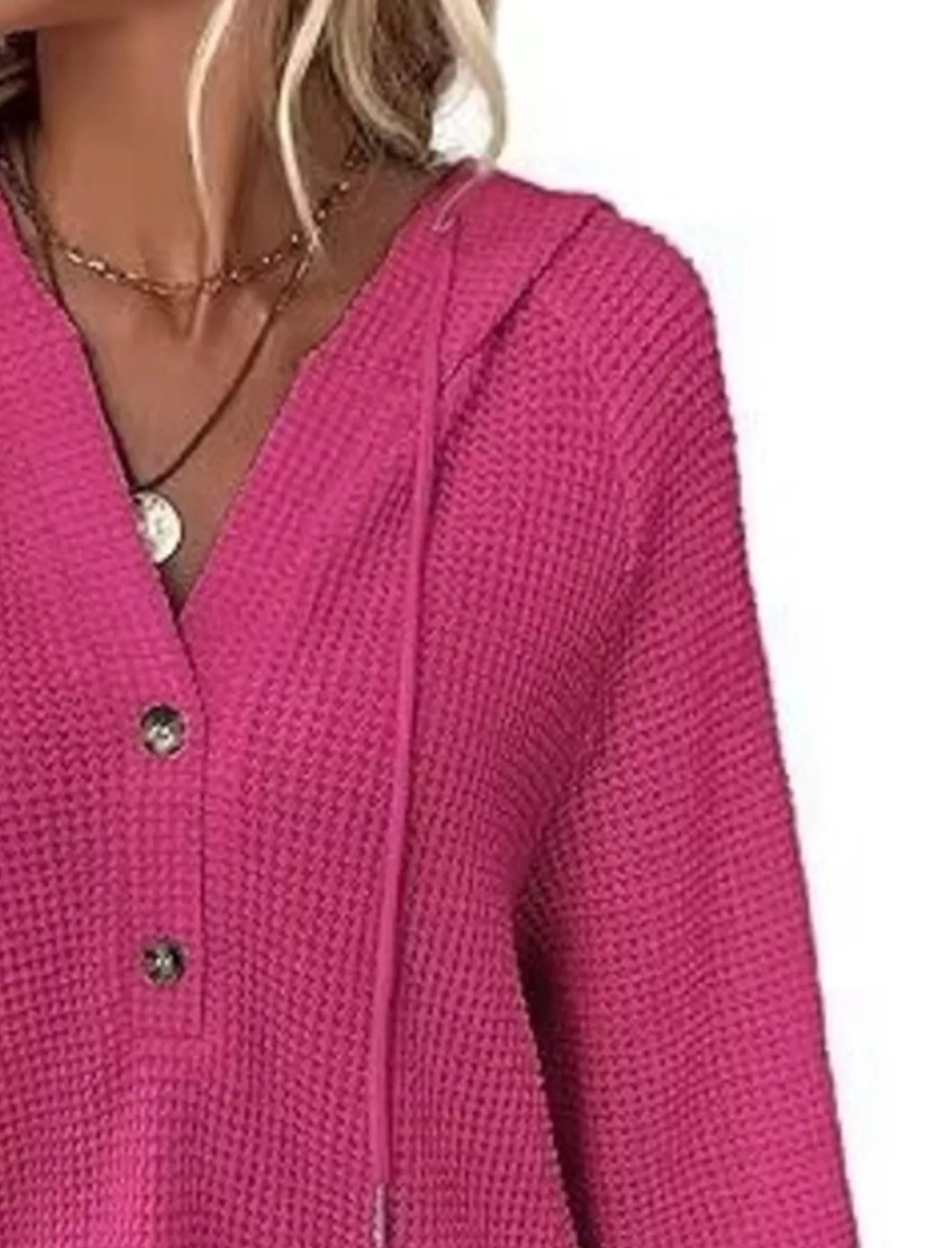 Full Size Button Detail Waffle Knit Hoodie Plus Size in pink with button details and a hood.