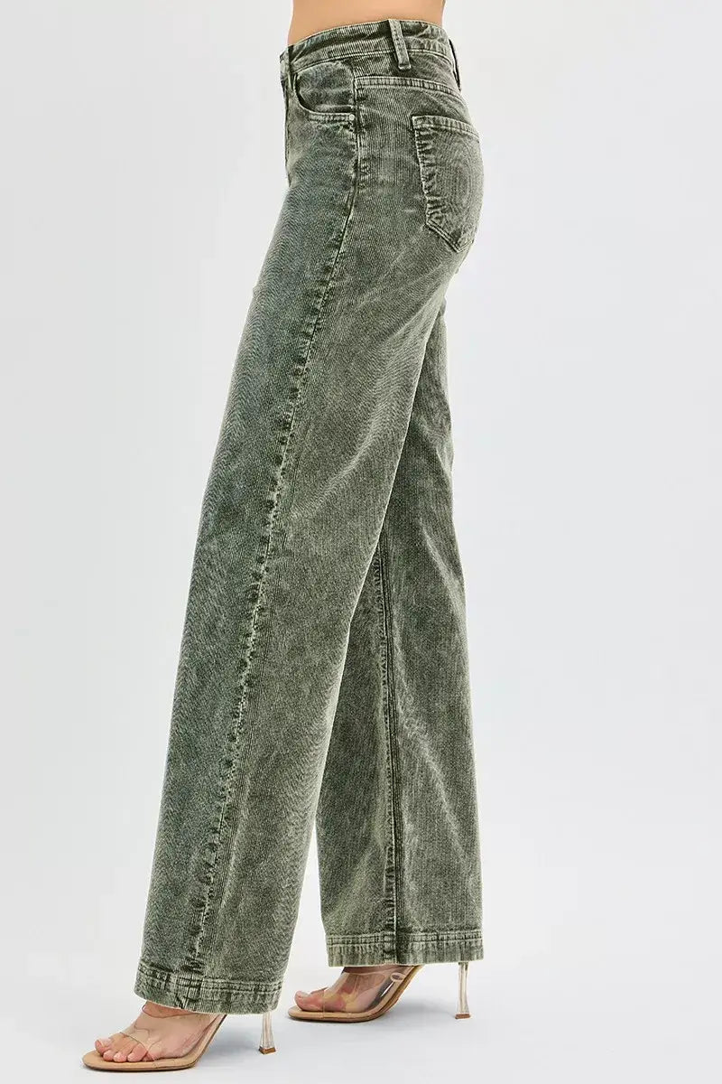 Side view of RISEN Full Size High Rise Wide Leg Corduroy Jeans in olive green, showcasing high waist and wide leg cut.