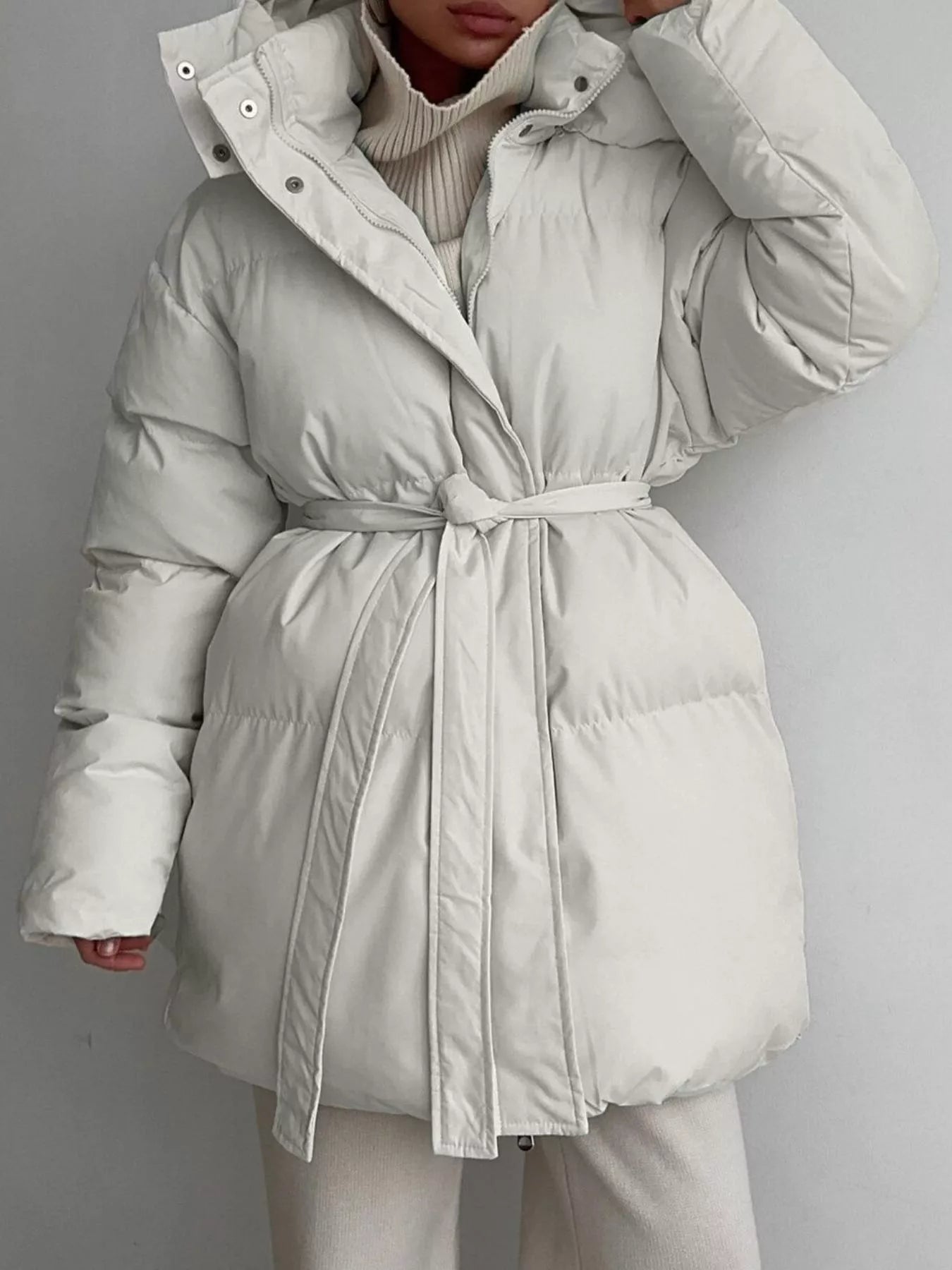 Mid Length Hooded Winter Coat Belted Warm Women Jacket in light color with belted waist and hood