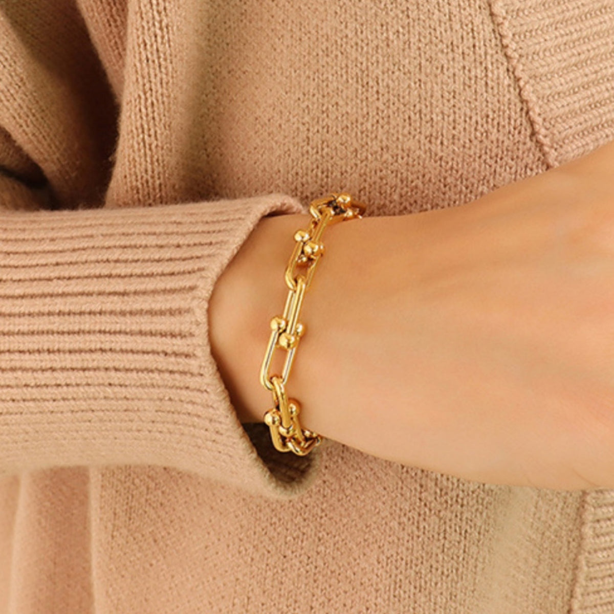 Chunky Chain Titanium Steel Bracelet worn on wrist, showcasing modern style and bold design.