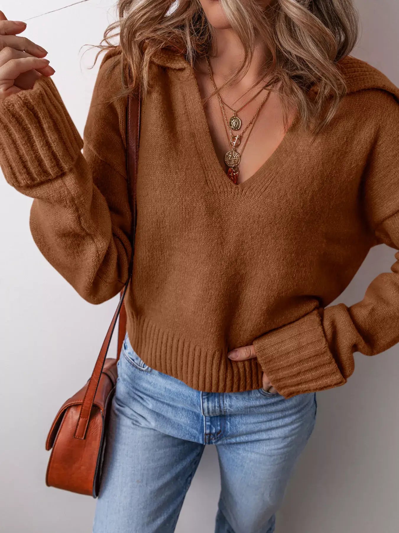 Collared V Neck Ribbed Edge Sweater in brown, featuring ribbed cuffs and a stylish V-neckline for a chic look.