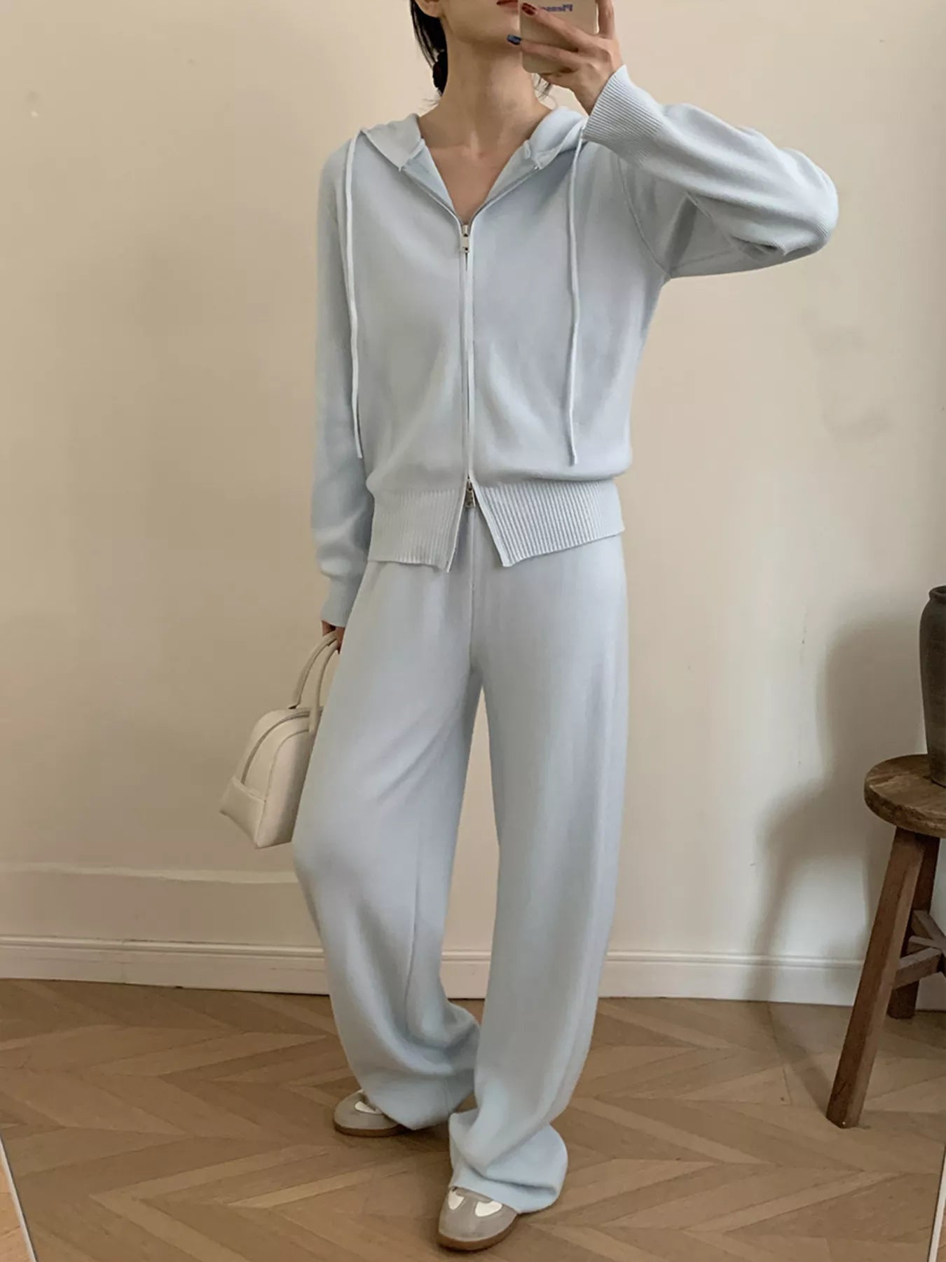 Zip Up Cardigan and Wide Leg Pants Knit Set in light blue, stylish two-piece outfit for women.