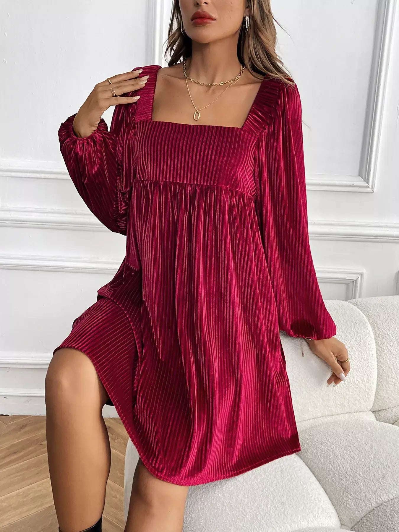 Velvet Square Neck Long Sleeve Dress in rich burgundy with long sleeves and square neckline, perfect for elegant evening events.