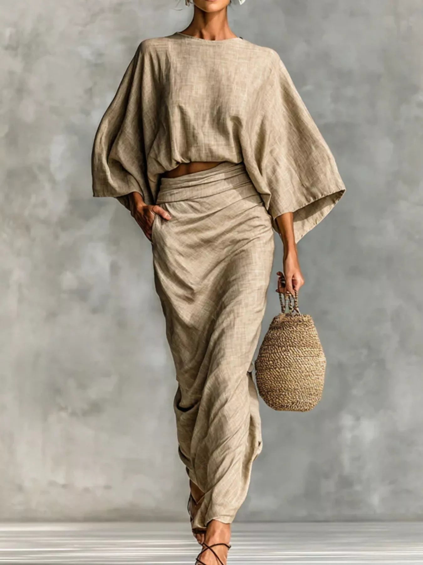 Model wearing Kimono Sleeve Top and Ruched Skirt Set in a neutral color, styled with a woven bag.