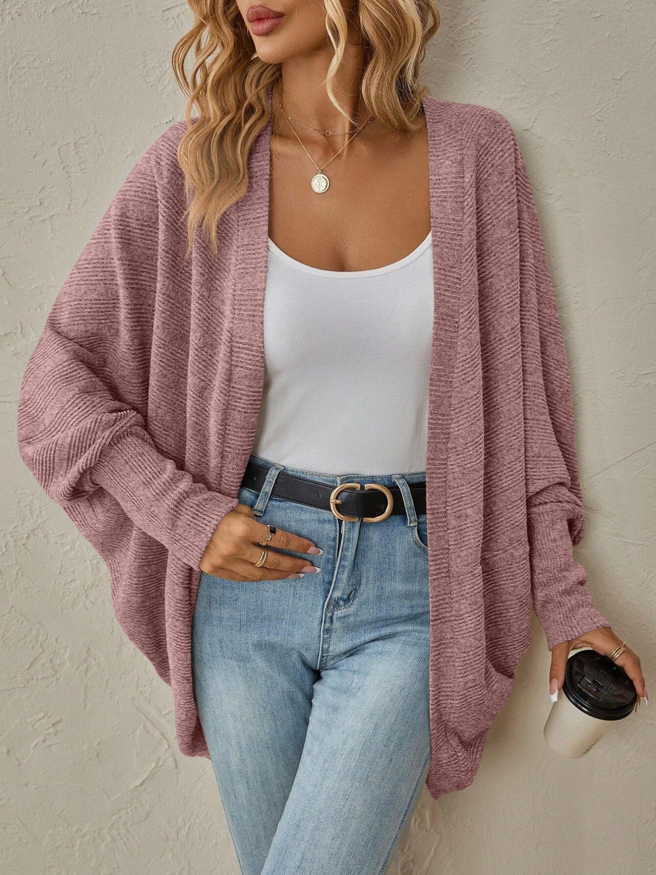 Open Front Batwing Sleeve Cardigan displayed on a model wearing a white tank top and blue jeans.