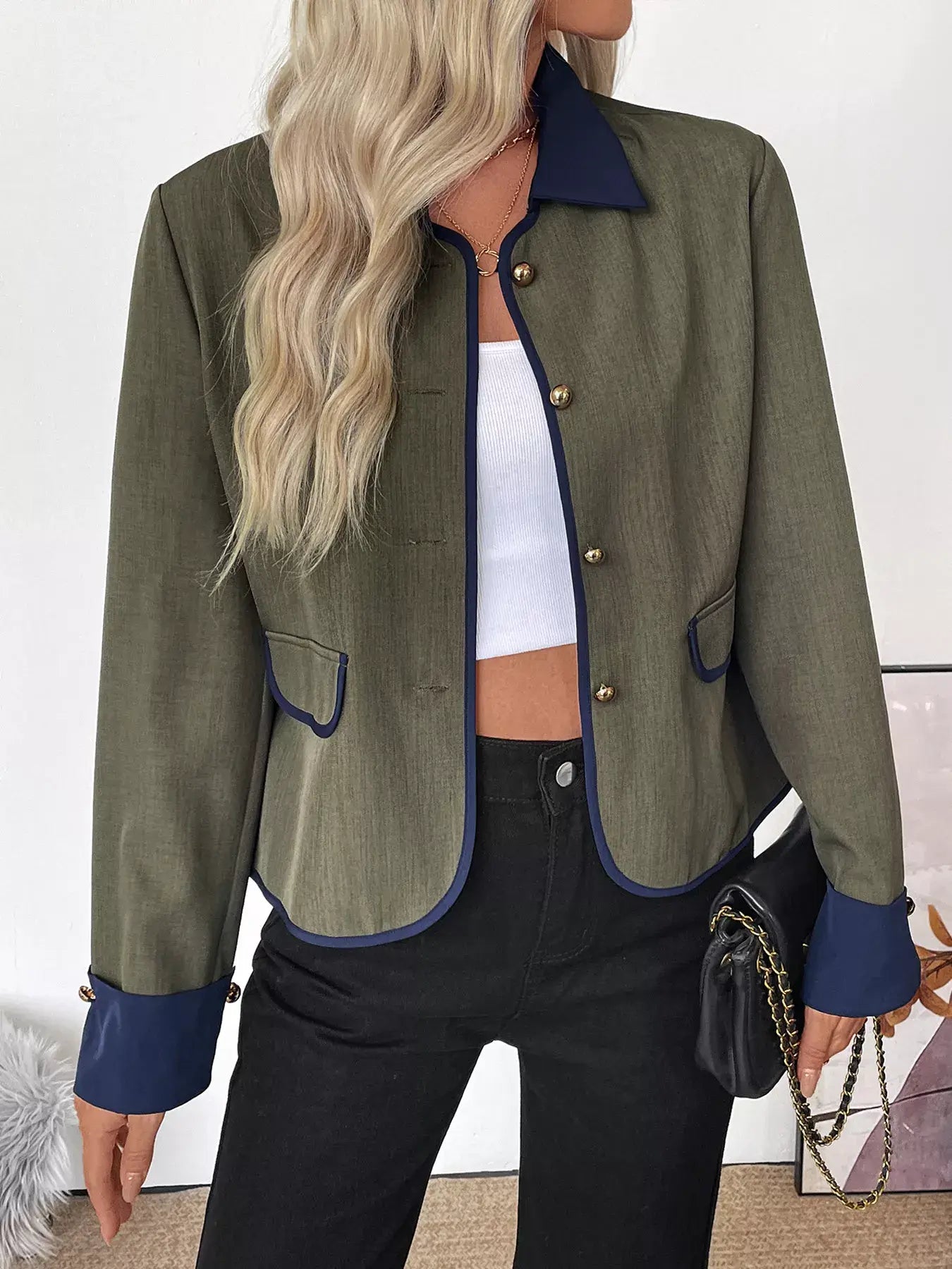 Contrast Trim Button-Up Jacket for Women featuring a tailored fit and stylish contrast trim.