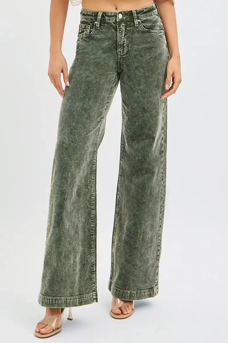 RISEN high rise wide leg corduroy jeans in green, perfect for stylish plus size outfits.