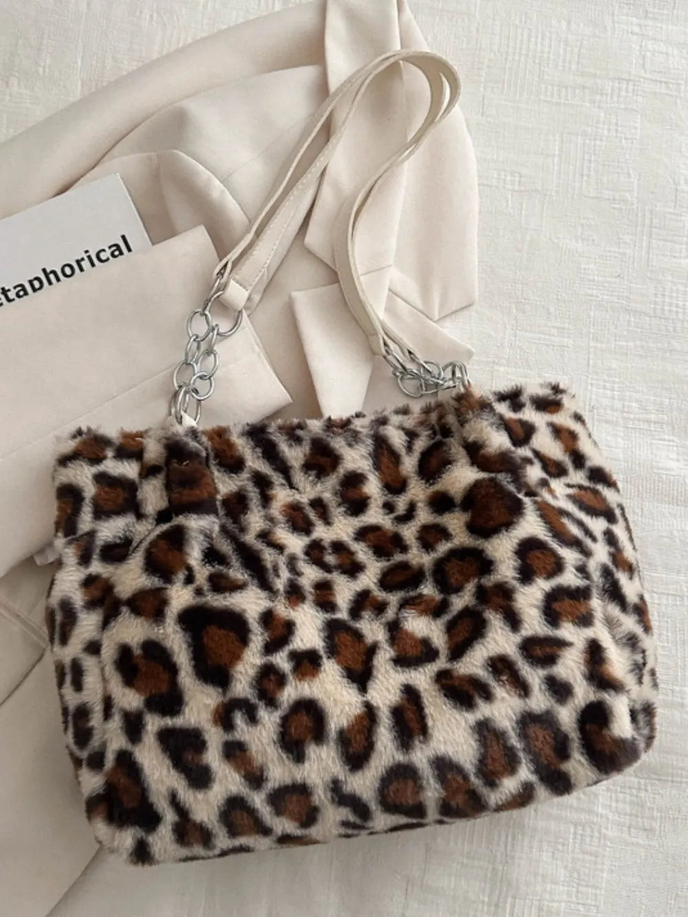 Faux Fur Leopard Shoulder Bag featuring a stylish design with chain straps and large size for bold everyday style.