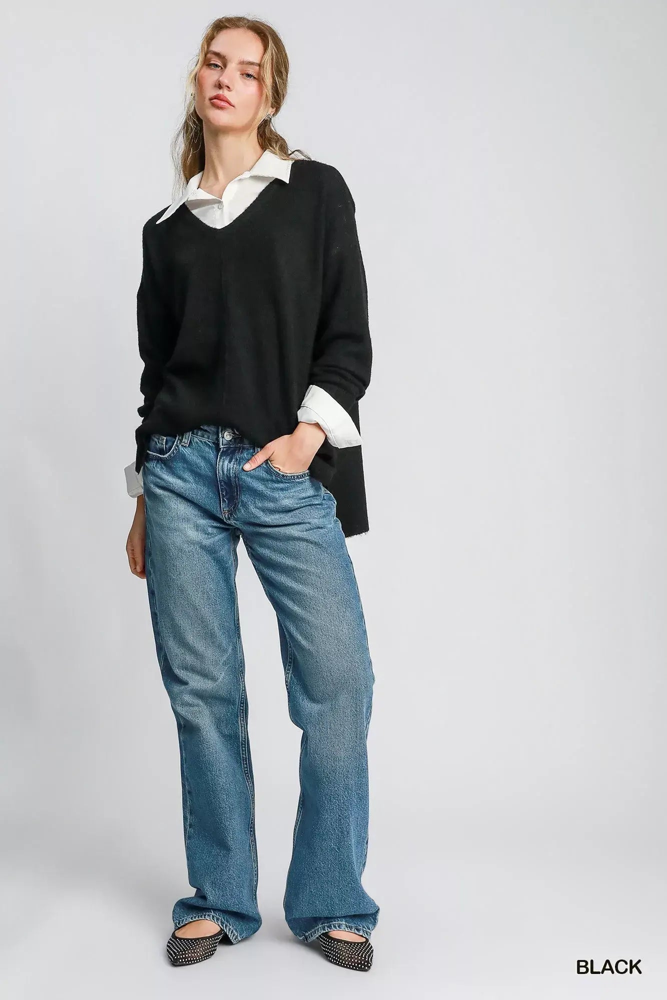 Umgee Wool Blended Pullover Sweater styled with high-waisted jeans for a chic winter look.
