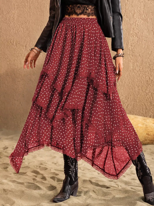 Lace Detail Layered Skirt in burgundy with polka dots, featuring tiered layers and lace accents for elegant occasions.