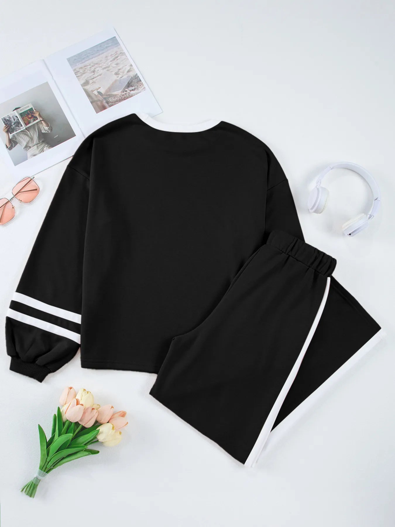 Contrast Trim Round Neck Top and Pants Set in black, featuring drawstring pants and slightly stretchy fabric.