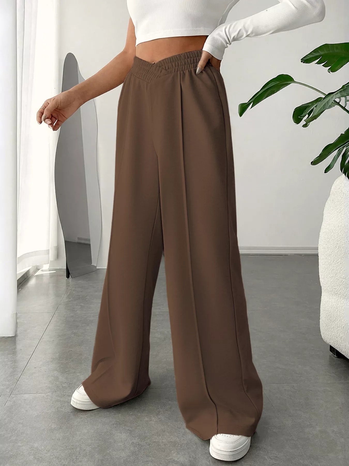 Wide Leg High Waist Pants displayed in brown, showcasing a chic and elegant everyday style.