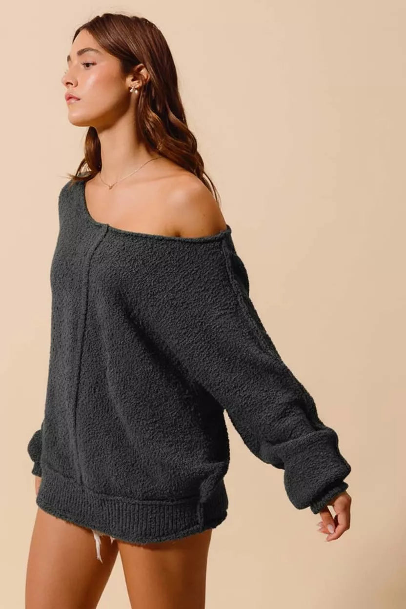 SO ME Loose Fit Exposed Seam Slouchy Boucle Sweater for Women in dark gray color, styled off-shoulder for a relaxed look.