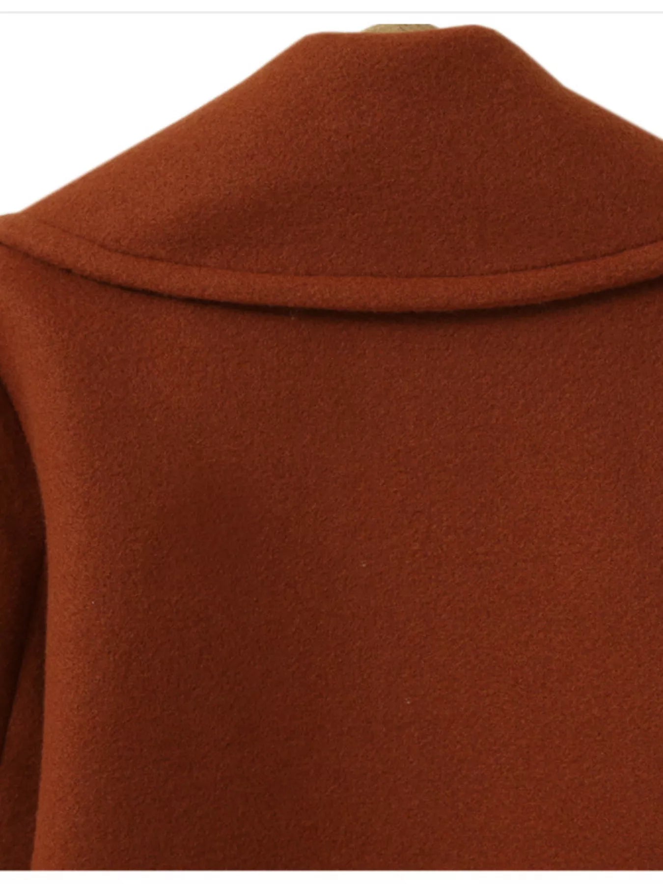 Back view of a Double-Breasted Long Sleeve Coat in warm rust color, showcasing the collar detail.