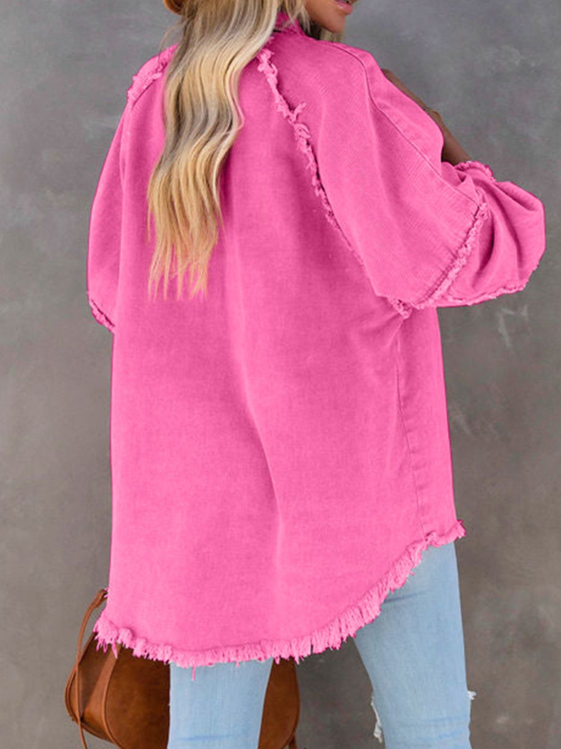 Button Down Raw Hem Denim Jacket in pink, featuring a raw hem and casual oversized fit.