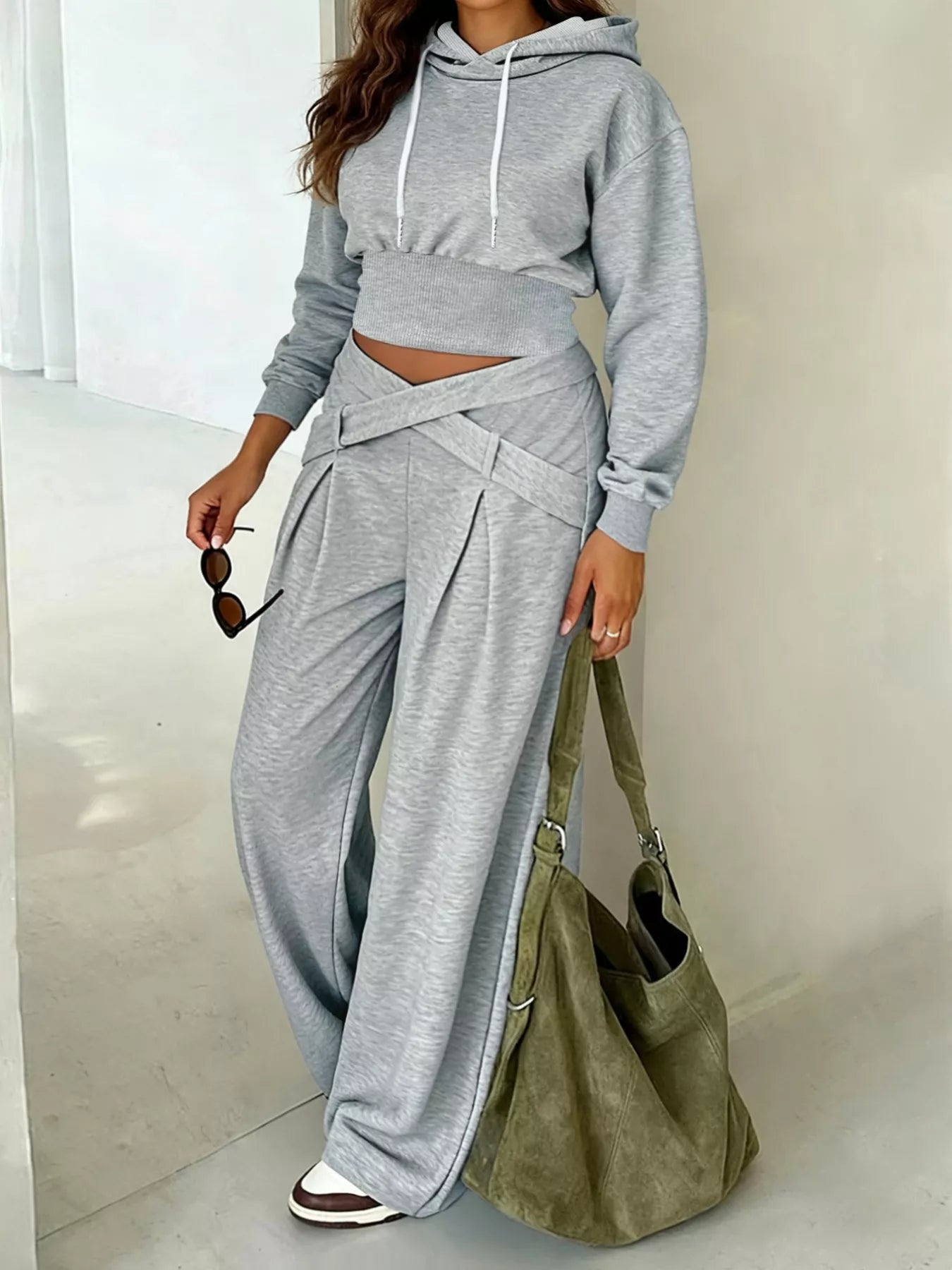 Casual Cropped Hoodie and Wide Leg Pants Set, featuring a grey cropped hoodie and flowy wide leg pants for a chic look.