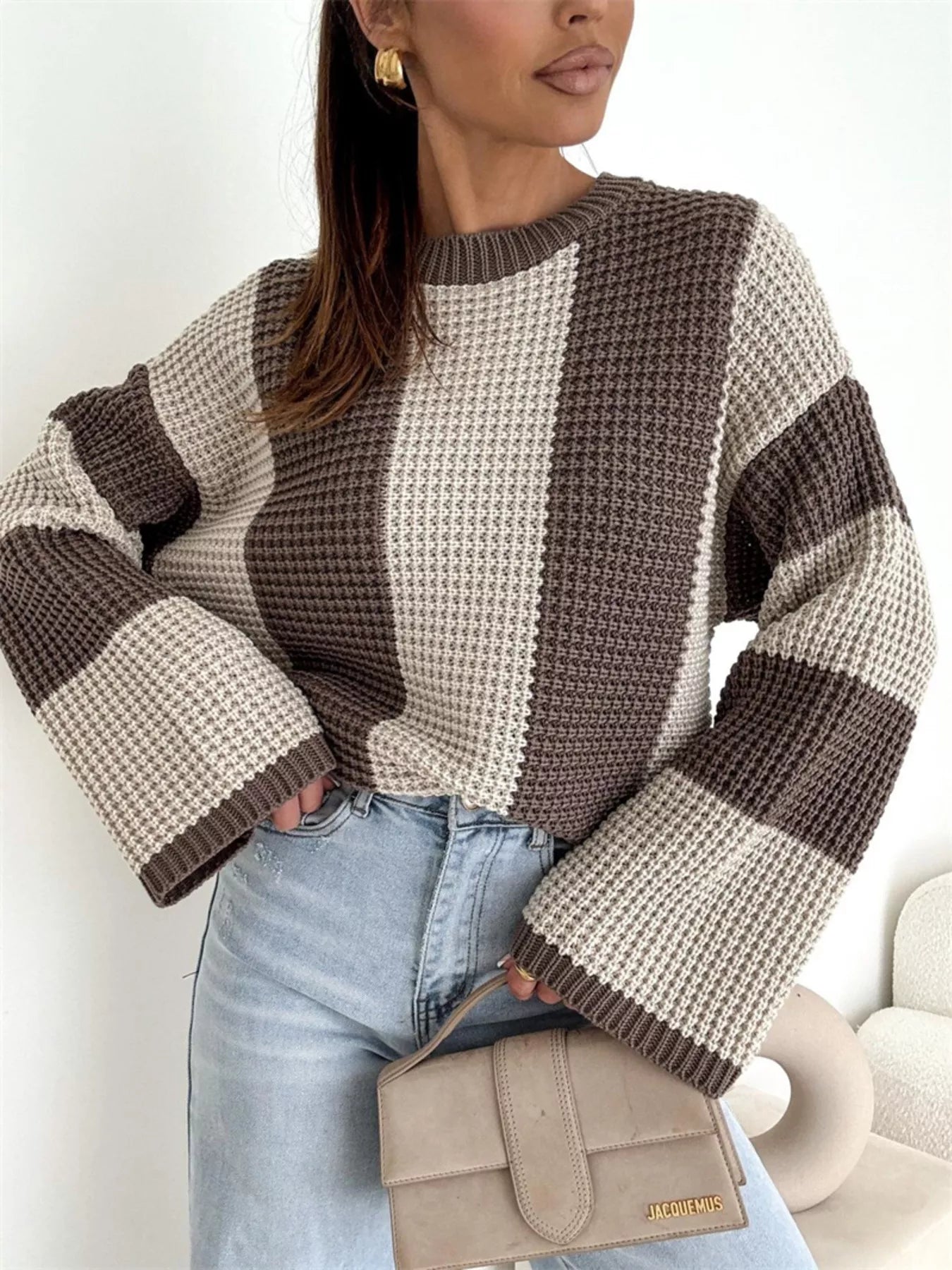 Color Block Long Sleeve Sweater in oversized knit style, featuring wide sleeves and a cozy design.