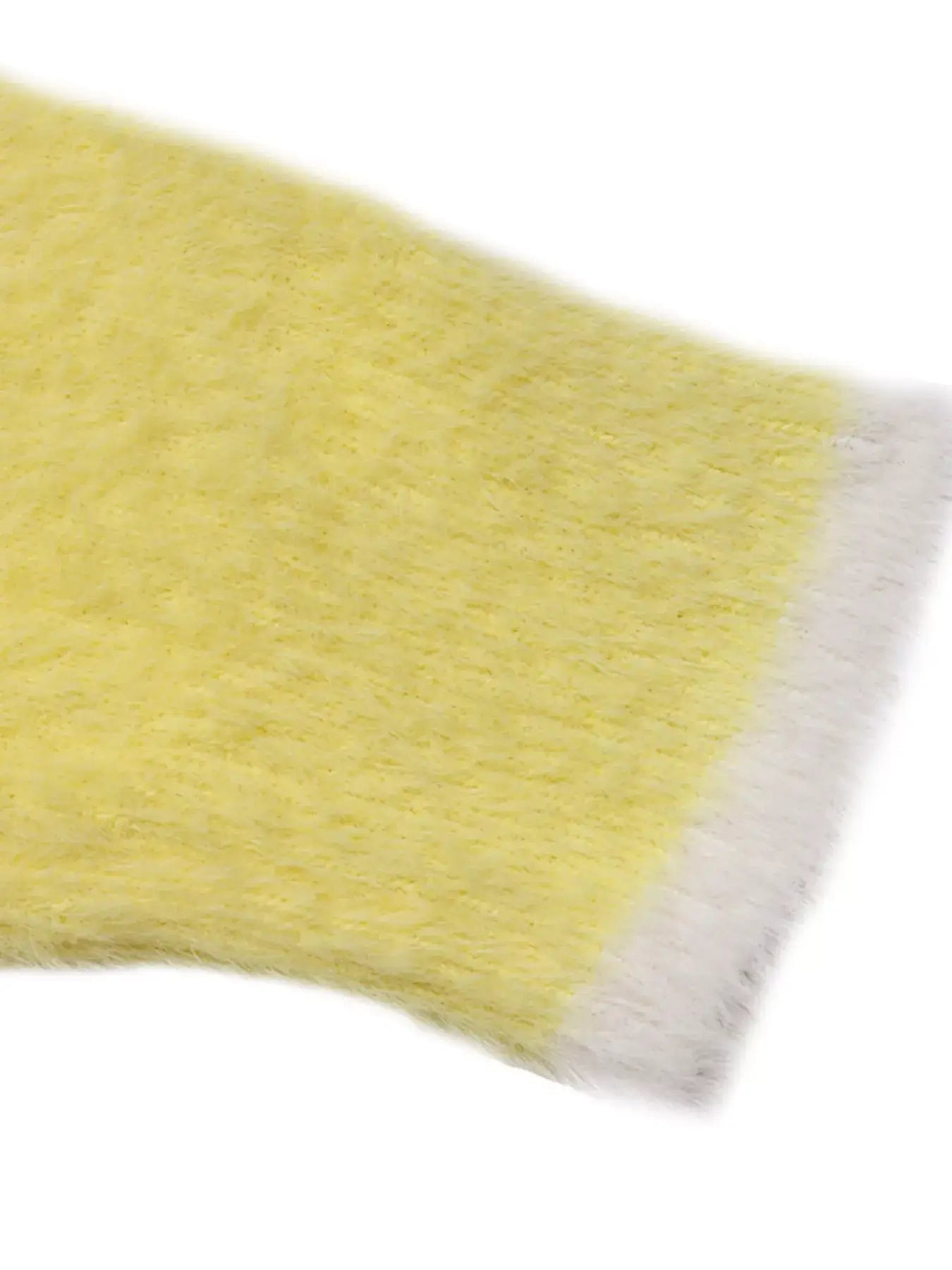 Lace Bow-Tie Front Long Sleeve Cardigan showing a close-up of the yellow fabric with white trim detail.