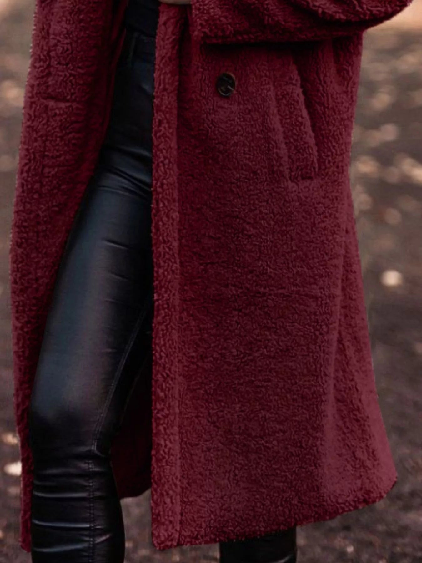 Teddy Bear Hooded Longline Outerwear in burgundy featuring buttoned closure and side pockets for cozy everyday style.