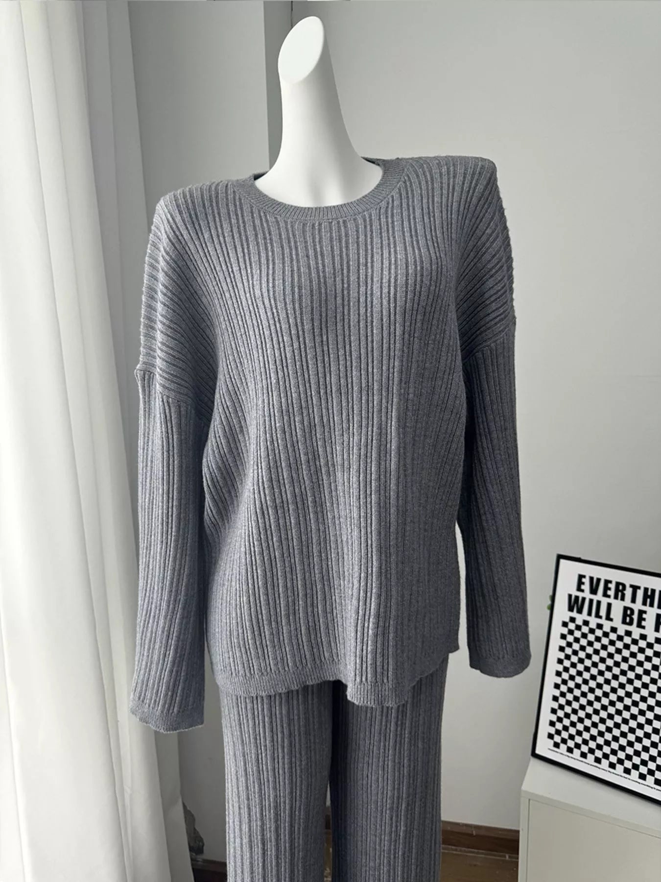 3 Piece Ribbed Sweater and Wide Leg Pants Set displayed in gray with a scarf, featuring a cozy ribbed texture.