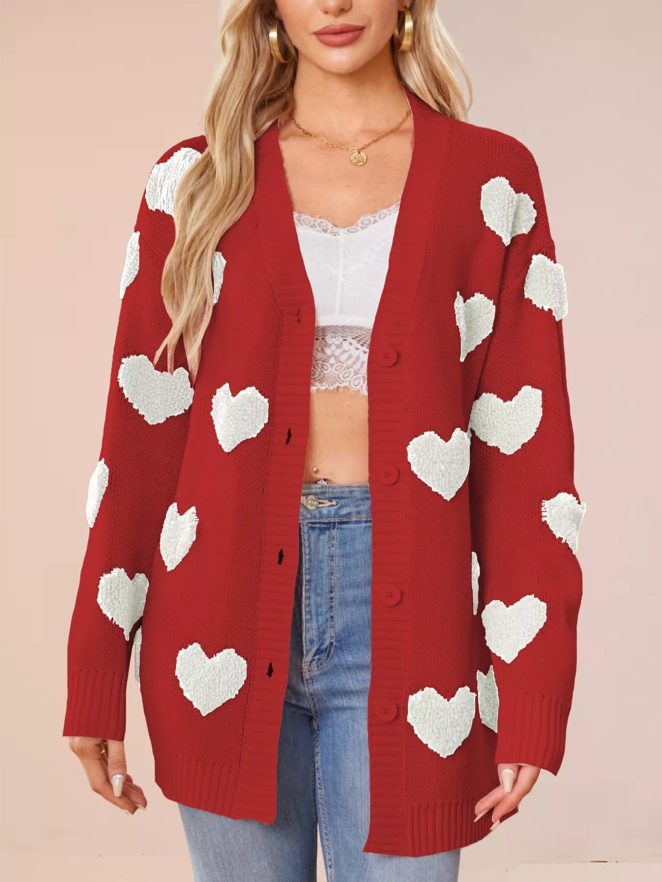 Heart Pattern Knit Button Up Cardigan for Women in red with white hearts, featuring a button-up design and ribbed trim.