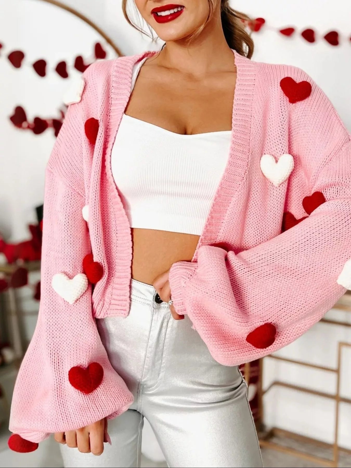 Heart Open Front Cardigan for Women in pink with heart patterns, casual style and slightly stretchy material.