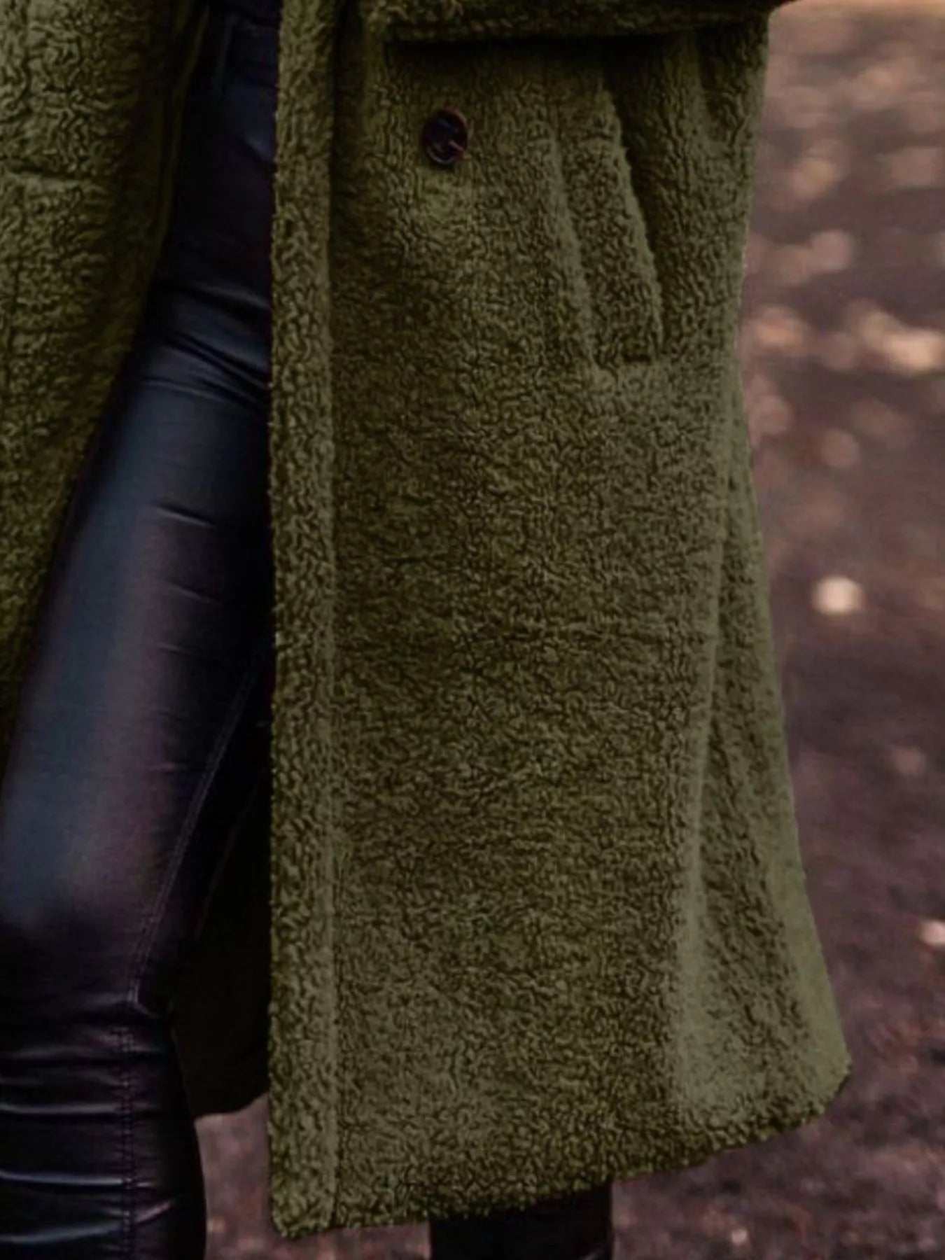 Teddy Bear Hooded Longline Outerwear featuring a cozy olive green texture and buttoned pockets for comfortable styling.