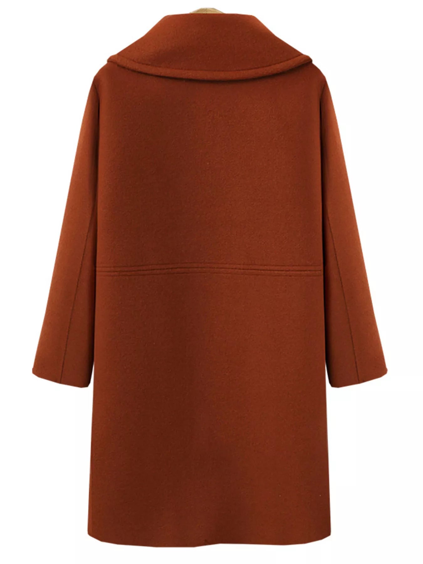 Back view of a Double-Breasted Long Sleeve Coat in rust color, showcasing its elegant structured design.