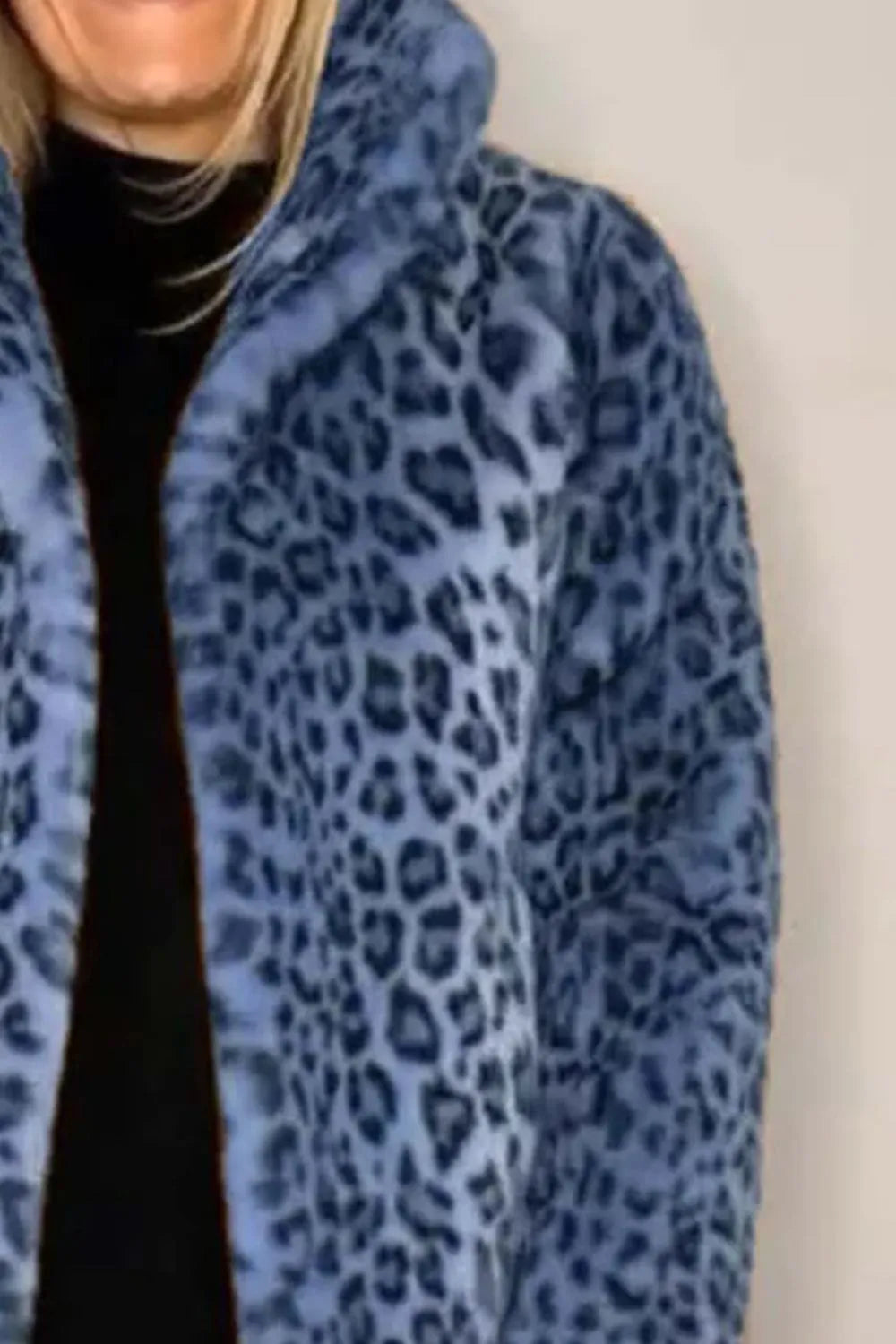 Full Size Leopard Furry Collared Neck Long Sleeve Coat in blue leopard print worn by a model.