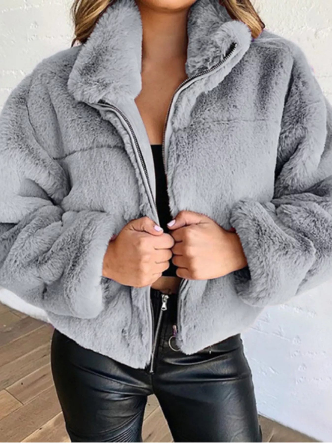 Faux Fur Cropped Zip-Up Jacket in gray featuring oversized style and thick plush material for cozy cold-season comfort.
