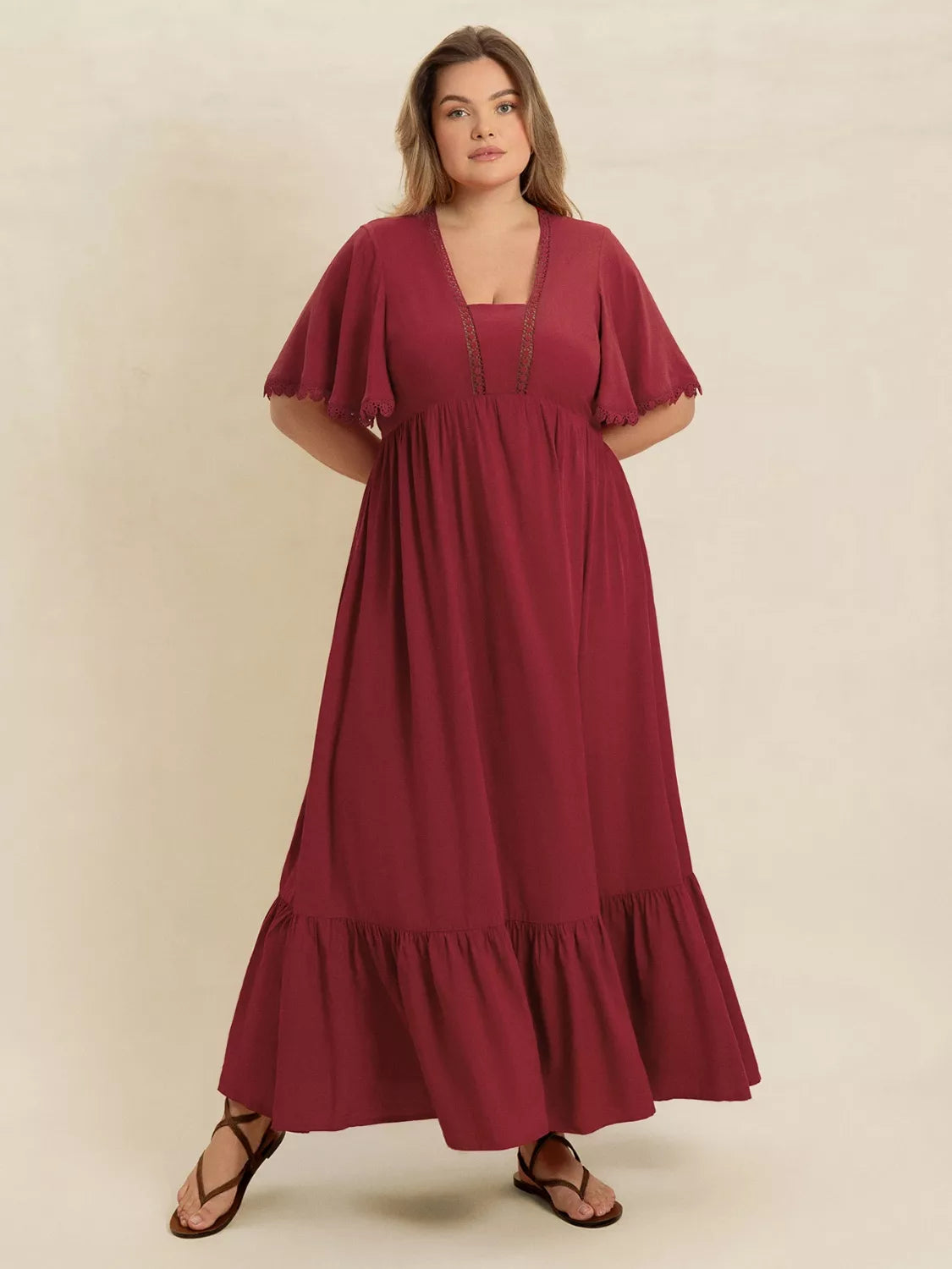 Plus Size Lace Detail Flutter Sleeve Maxi Dress in burgundy featuring lace detailing and flutter sleeves.