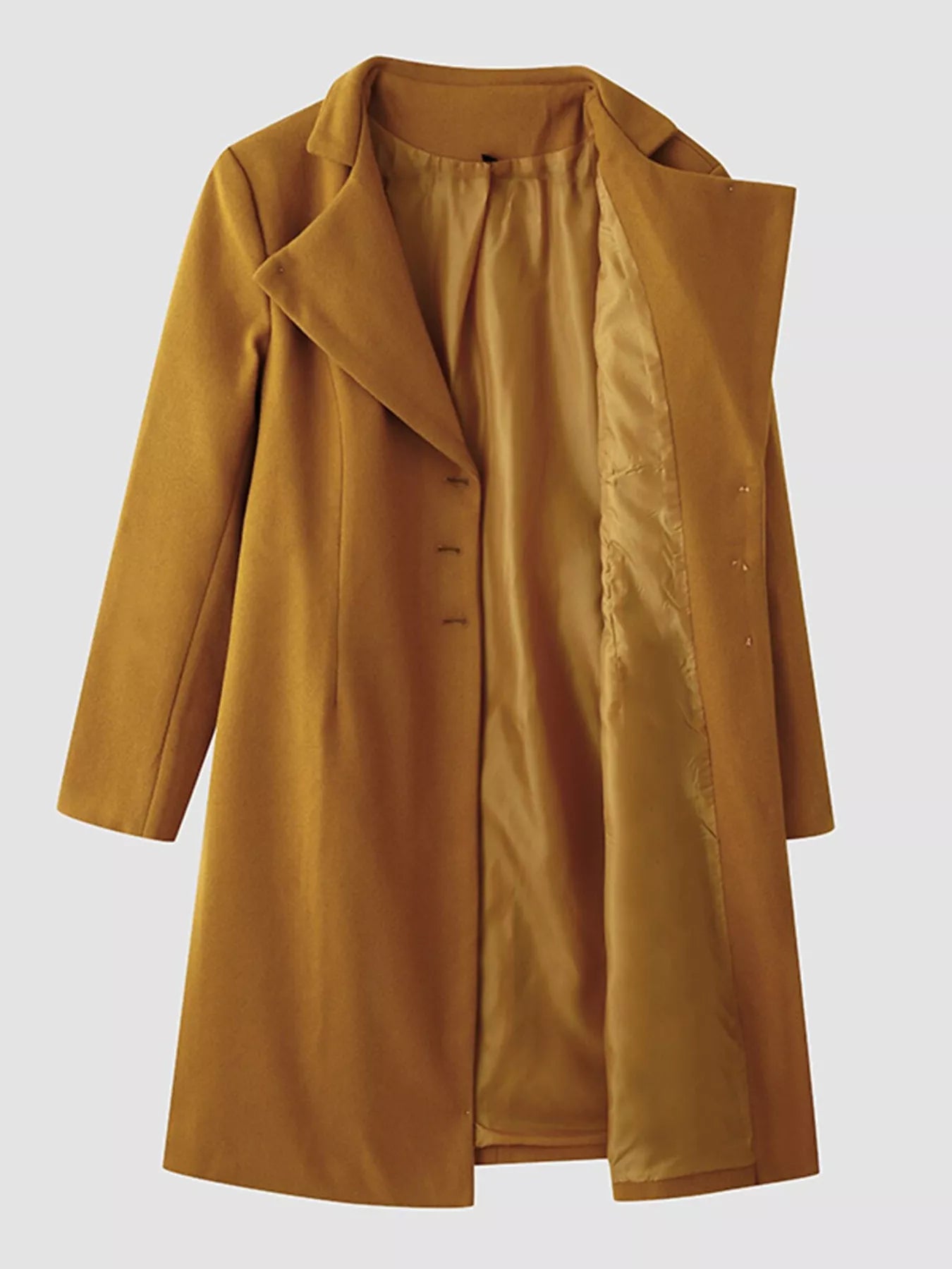 Full Size Single Breasted Long Sleeve Overcoat for Women in mustard color, featuring a lapel collar and buttoned front.
