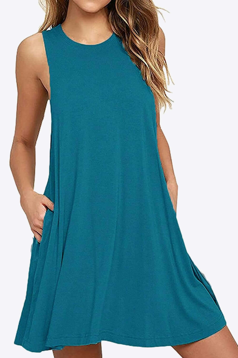 Full size sleeveless dress in teal with round neck and side pockets, perfect for casual outings.