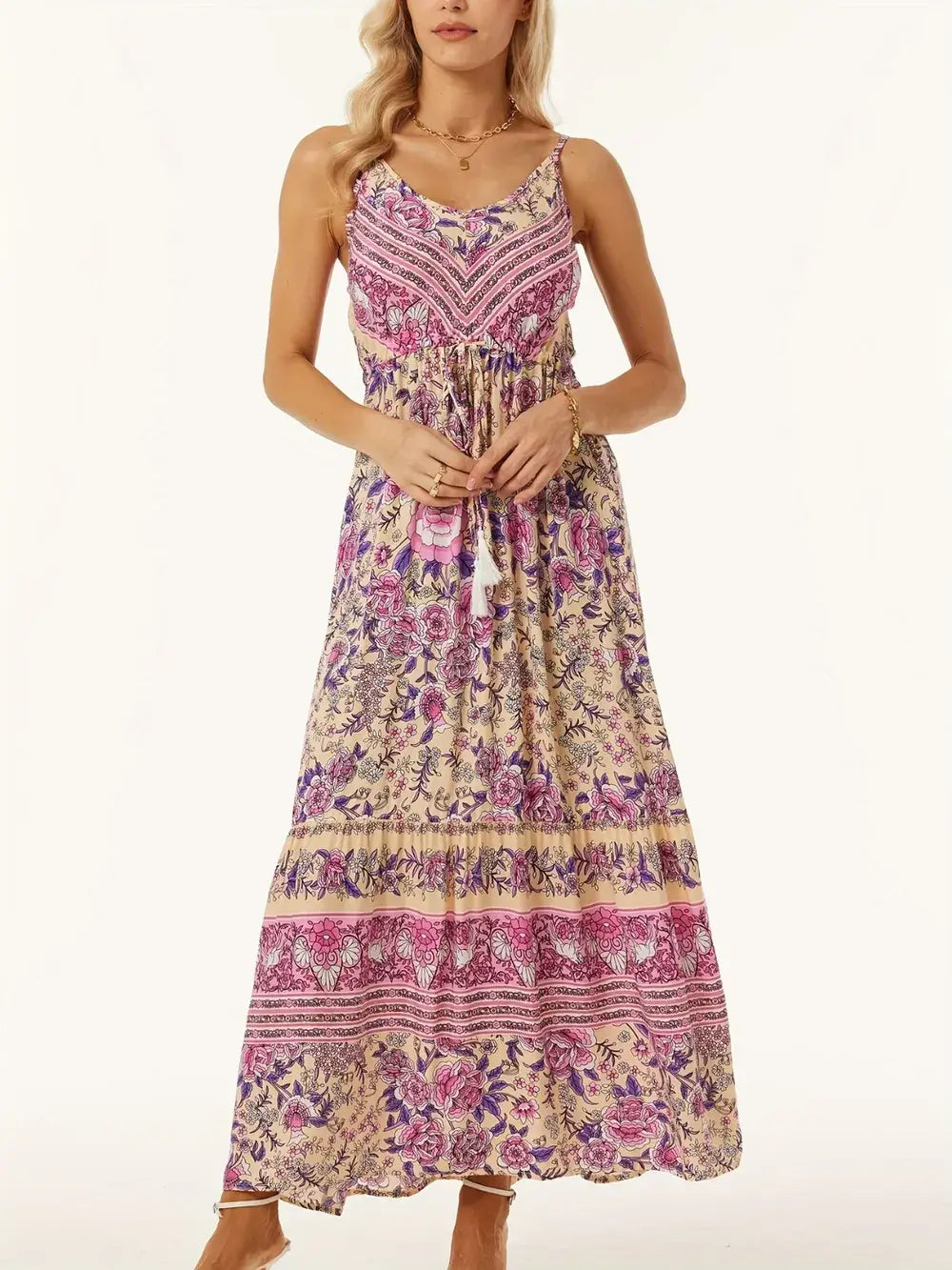 Model wearing a Printed Scoop Neck Midi Cami Dress with vibrant floral patterns and a flattering silhouette.
