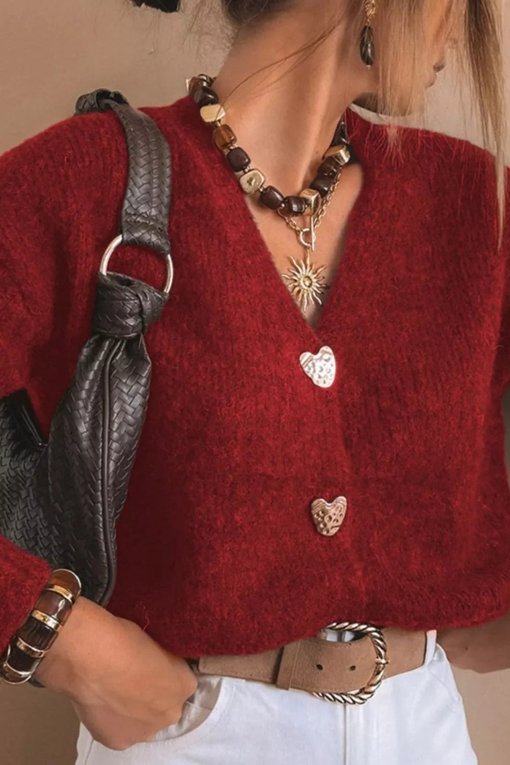 Heart Button Fuzzy Knit Cardigan in red with heart-shaped buttons, paired with stylish accessories for everyday wear.