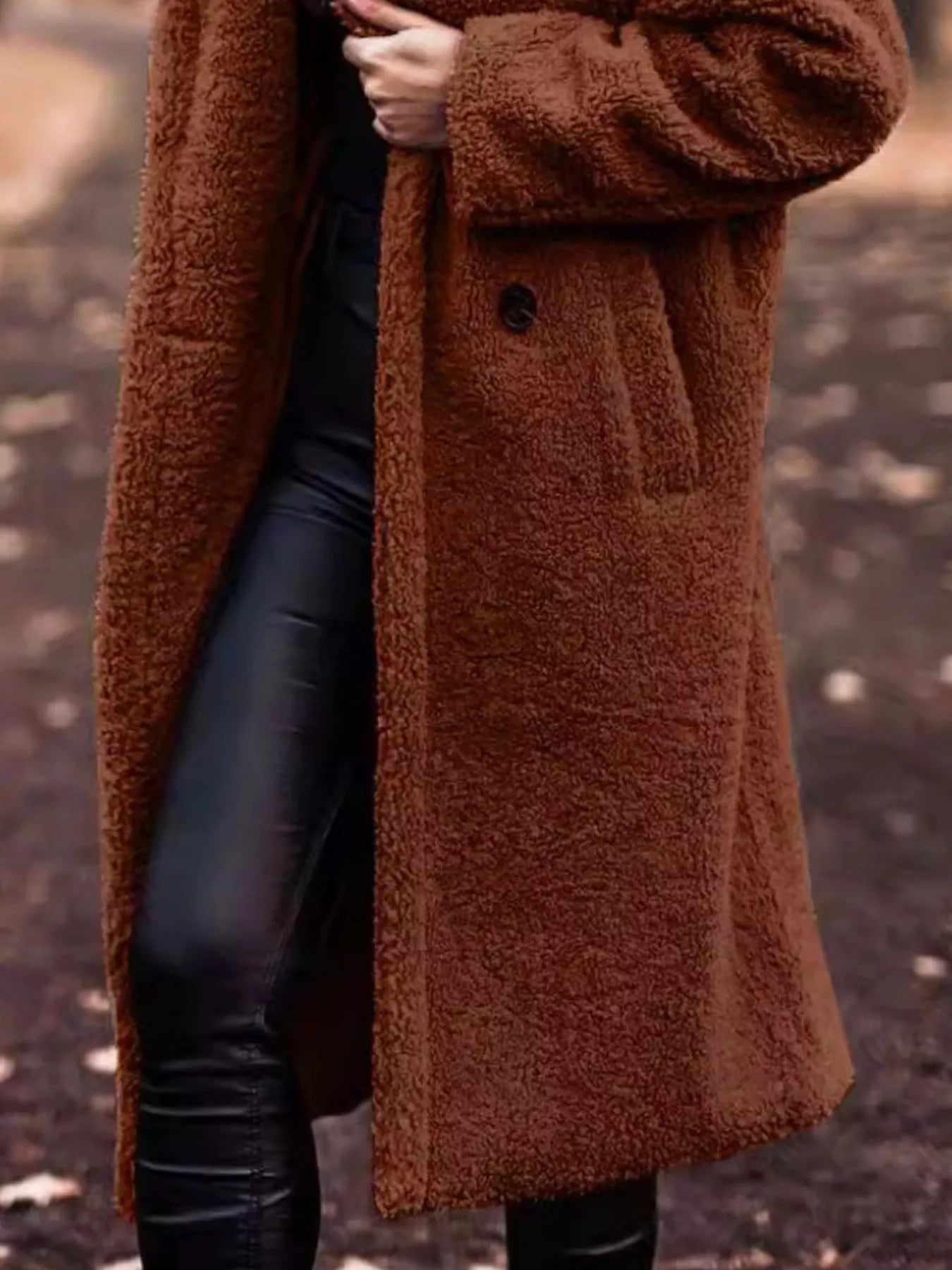 Teddy Bear Hooded Longline Outerwear in brown, featuring a buttoned design and a cozy, soft texture.