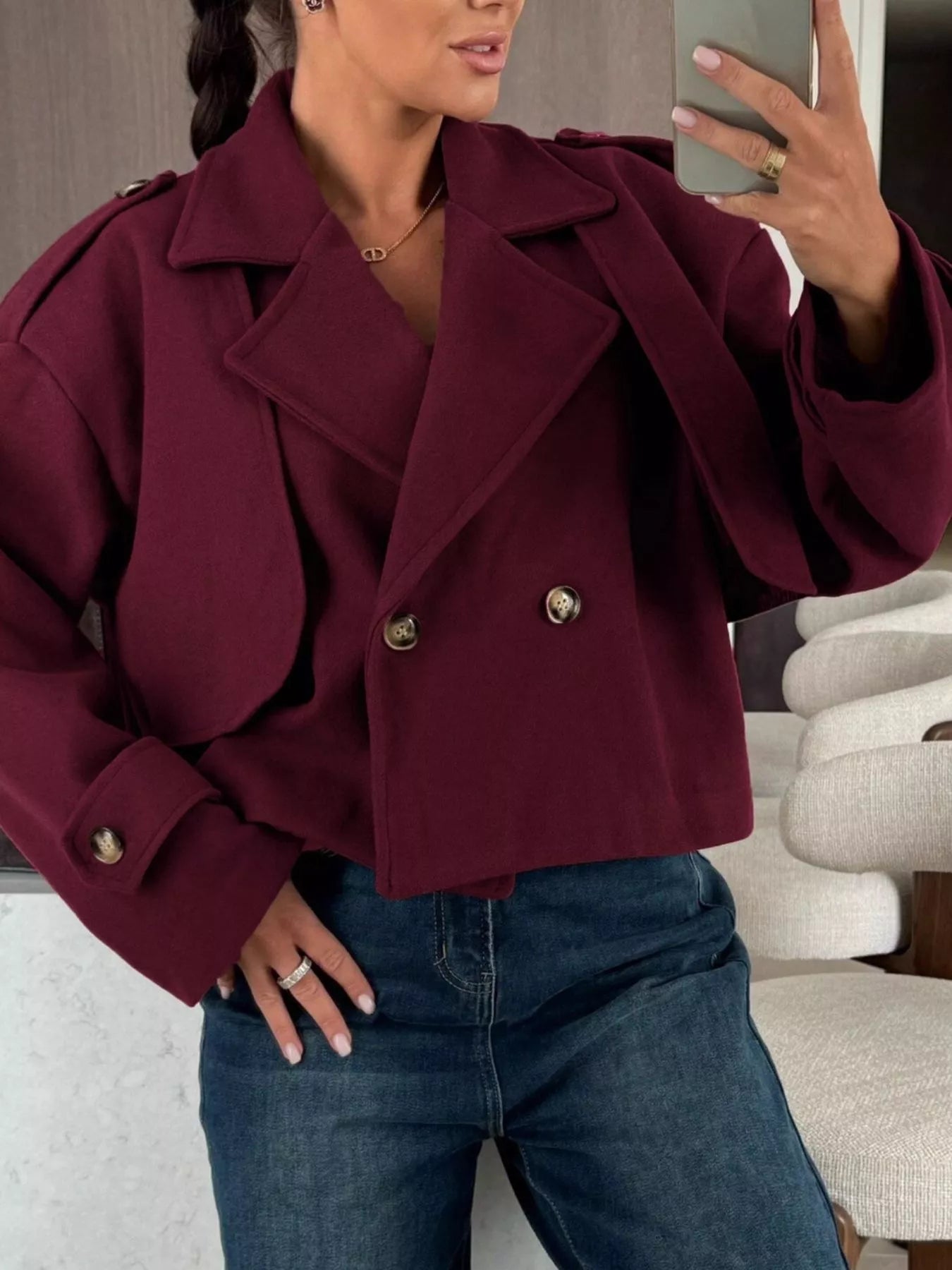 Double-Breasted Cropped Outerwear in burgundy, featuring button details and a stylish oversized fit.