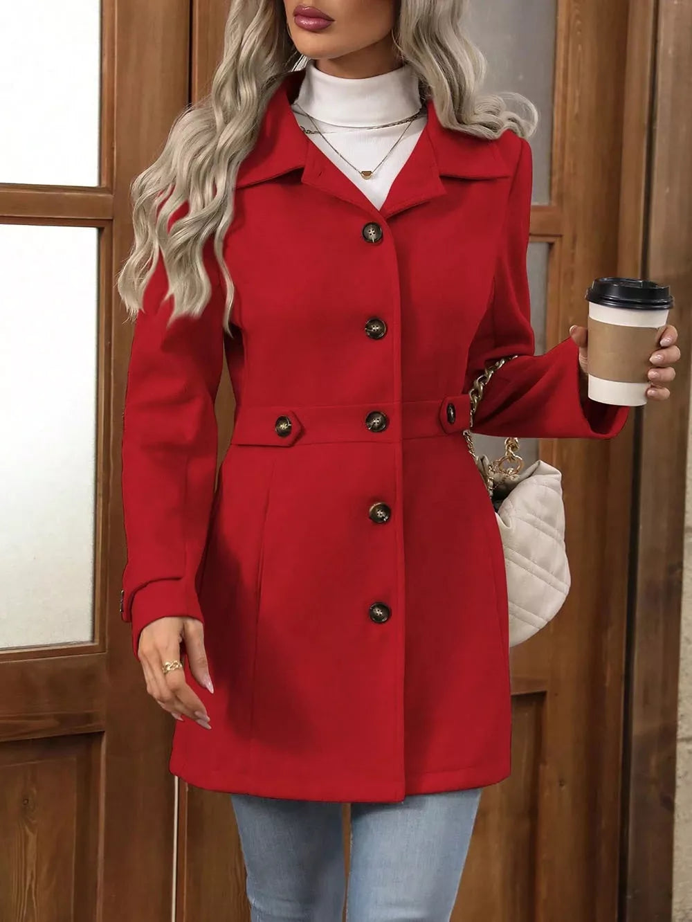 Collared Neck Button Up Coat in red with buttons, pockets, paired with jeans and coffee cup, stylish everyday outerwear.